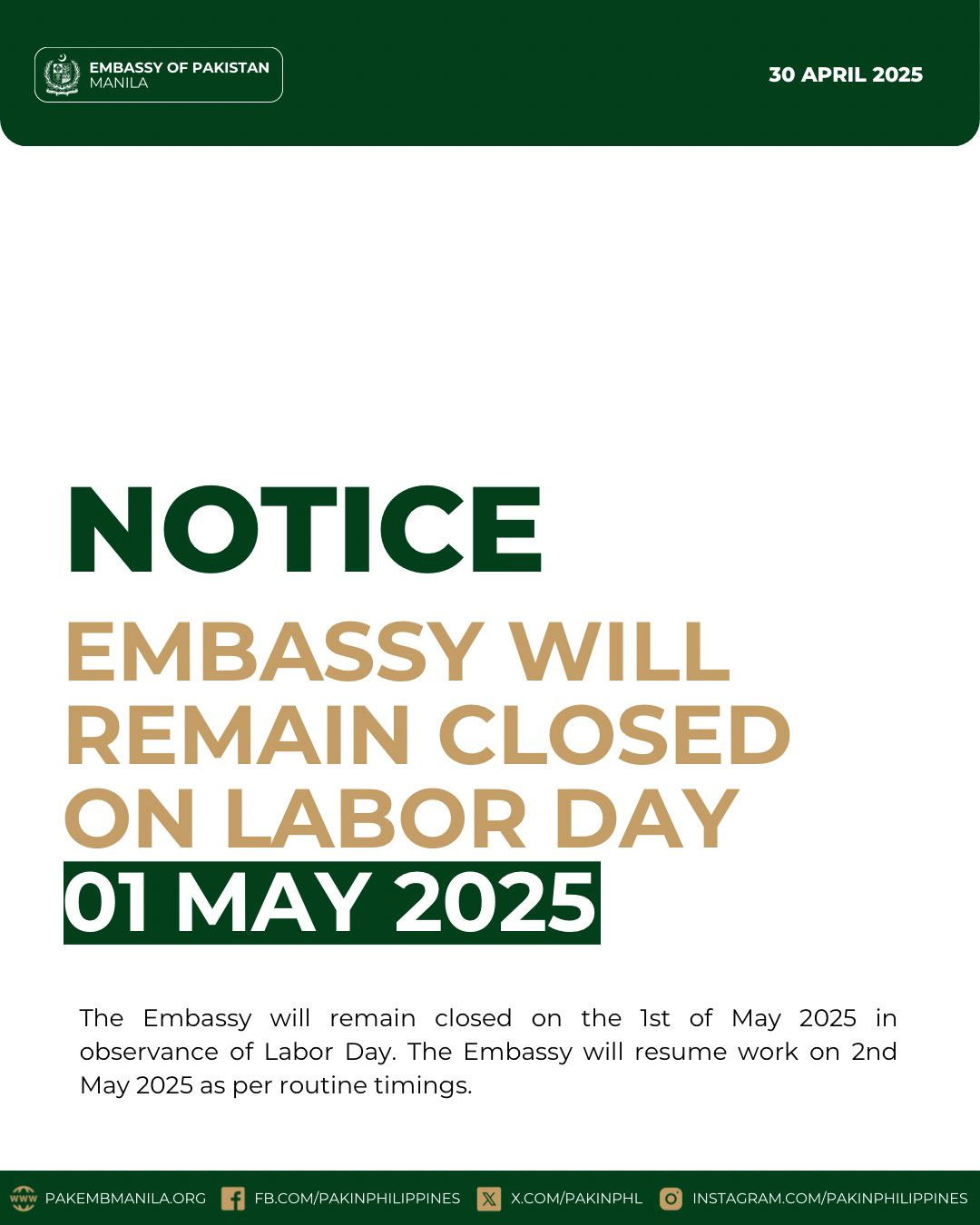 Notice Embassy Will Remain Closed on labor day