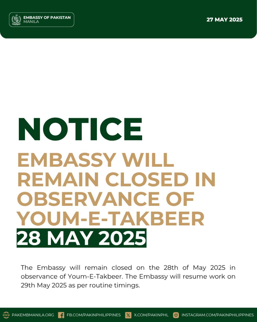 Embassy Closed on 28 May for Youm-e-Takbeer